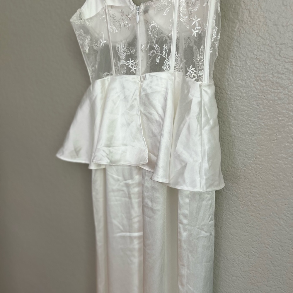 Iconic Adoration White Satin Peplum Sheer Bustier Maxi Dress - Picture 7 of 12